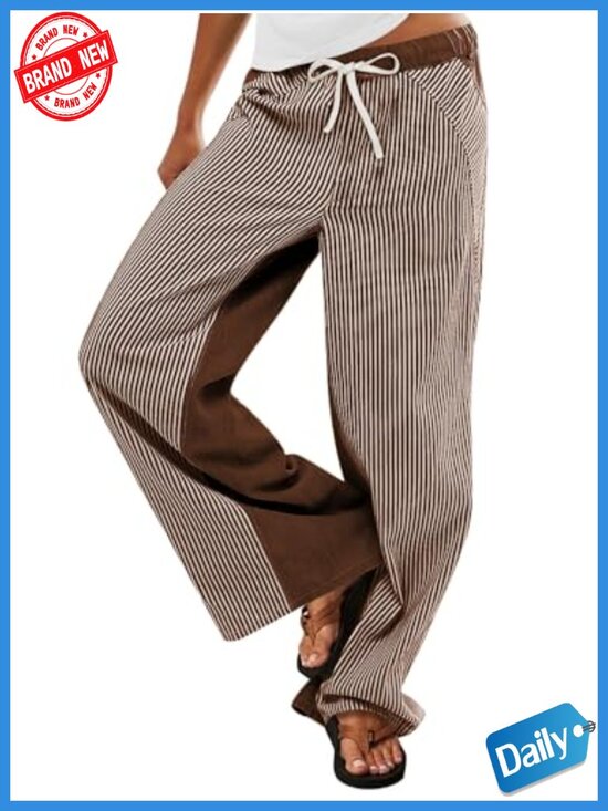 Denim - Women's Low Rise Striped Wide Leg Pants Boho Drawstring Cotton Palazzo